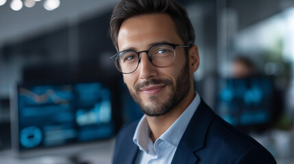 Faceless confident businessman in modern office with financial charts and data analysis on screens in background, professional analytics environment, business intelligence setting, defocused