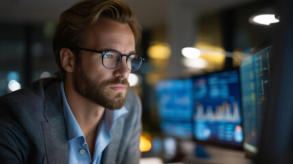 Faceless confident businessman in modern office with financial charts and data analysis on screens in background, professional analytics environment, business intelligence setting, defocused