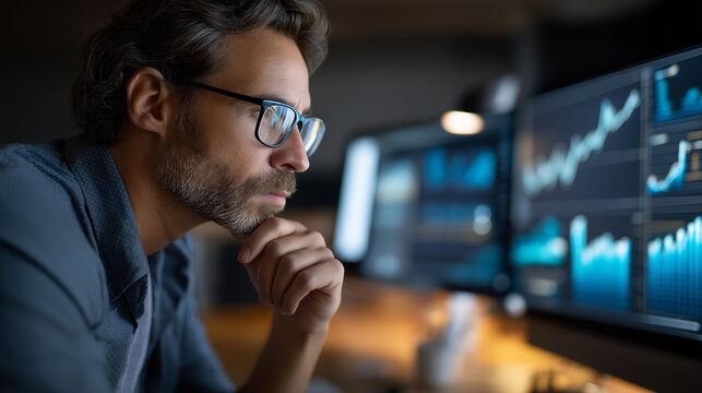 Faceless businessman analyzing charts on screen focusing on financial data trends and insights for strategic planning and decision-making, analytics review work, defocused person, with copy space - Powered by Adobe