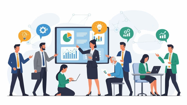 Business meeting with diverse team presenting data on screen.