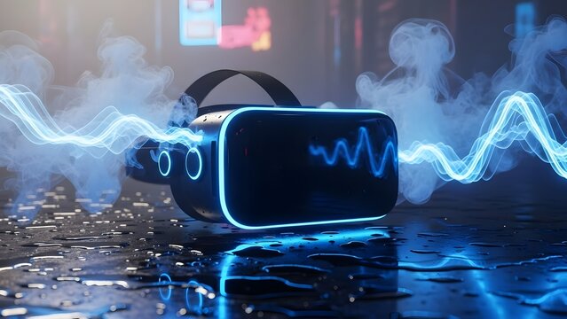 Virtual reality headset with glowing blue energy waves and smoke. Gaming technology and immersive experience. VR goggles resting on a wet dark surface with digital light effects