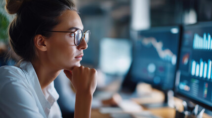 Faceless woman analyzing data on multiple screens in modern office, focusing on charts and graphs for business insights, multi-monitor analytics work, defocused person reviewing, with copy space