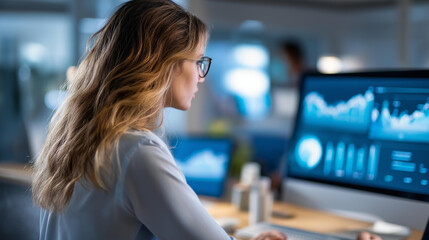 Faceless rear view of businesswoman analyzing financial charts on computer screen in modern office, professional business analysis concept, back view analytics work, defocused person, with copy