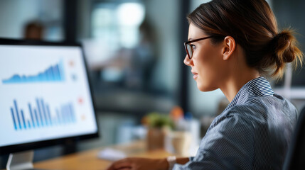 Faceless rear view of businesswoman analyzing financial charts on computer screen in modern office, professional business analysis concept, back view analytics work, defocused person, with copy