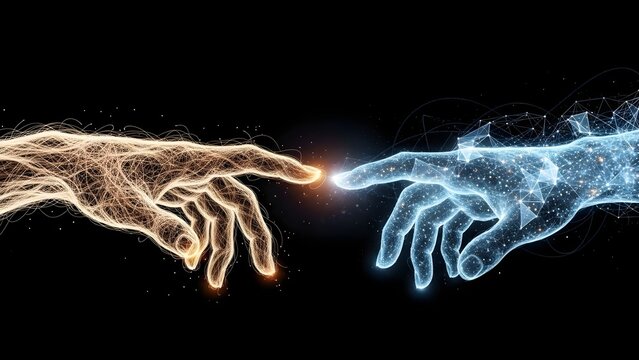 Two digital hands reaching out to touch fingers with energy. Artificial intelligence and human connection. Glowing wireframe hands meeting in a dark space representing synergy