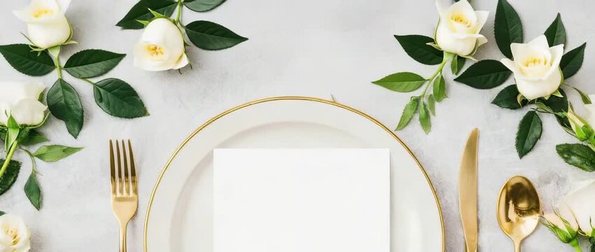 Elegant Wedding Place Setting with Blank Menu Card Gold Cutlery and White Roses