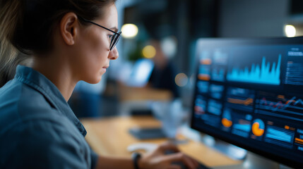 Faceless female analyst utilizes computer and dashboard for business data analyze and data management system with KPI, concepts of technology finance operations sales marketing, defocused