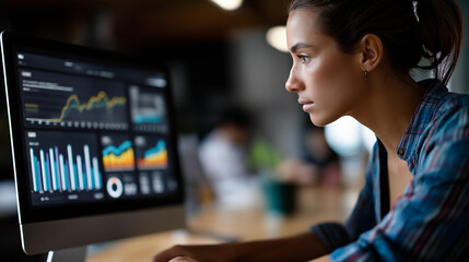 Faceless female analyst utilizes computer and dashboard for business data analyze and data management system with KPI, concepts of technology finance operations sales marketing, defocused