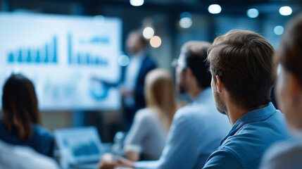 Faceless group of professionals attending presentation on data analysis focused on charts and graphs for informed decision making, business intelligence meeting, defocused attendees, with copy