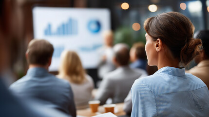 Faceless group of professionals attending presentation on data analysis focused on charts and graphs for informed decision making, business intelligence meeting, defocused attendees, with copy