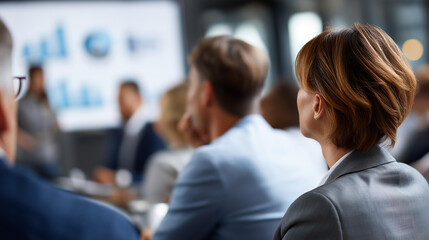 Faceless group of professionals attending presentation on data analysis focused on charts and graphs for informed decision making, business intelligence meeting, defocused attendees, with copy