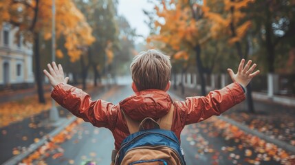 A joyful reunion  young boy runs to parent at school pick up time in autumn s embrace