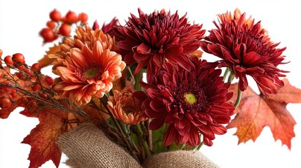 Autumn chrysanthemum bouquet with berries and maple leaves on white