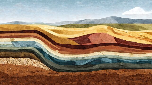 A detailed illustration of geological layers and earth strata with a hilly landscape above