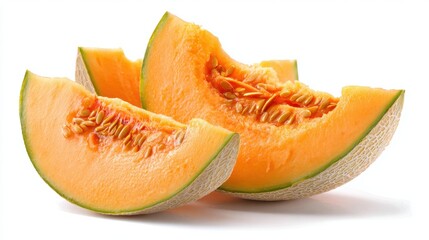 Fresh cantaloupe melon slices with orange flesh and seeds on white background, healthy tropical fruit