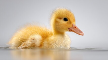 Small yellow duckling swimming in clear water on gray background