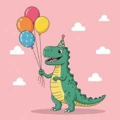 Playful cartoon dinosaur holding colorful balloons in a cheerful scene.
