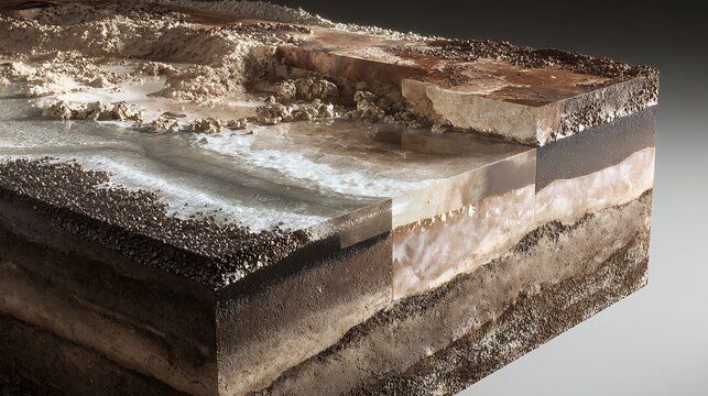 A detailed cross-section showing multiple layers of earth and water erosion on a ground surface