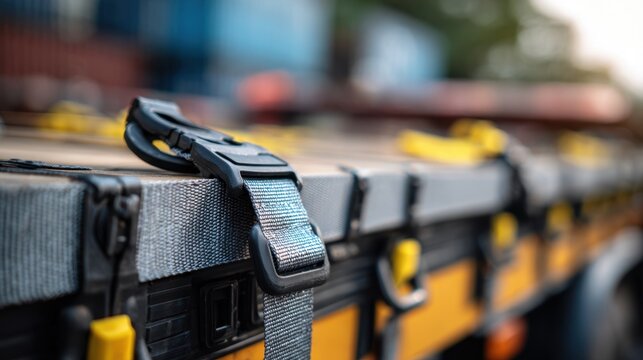 Medium shot of a taut strap tightly securing cargo on a flatbed truck emphasizing safety and risk reduction with a blurred background.