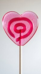 Delicate pink heart lollipop with swirl design, glossy candy on a stick, closeup still life.