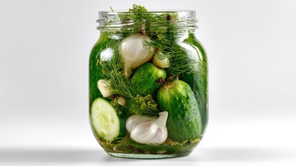 Pickled cucumbers preserved with fresh dill and garlic in jar