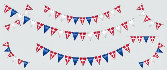 Obraz premium denmark triangular flag bunting garland graphic design set featuring patriotic pennant banners in national flag colors