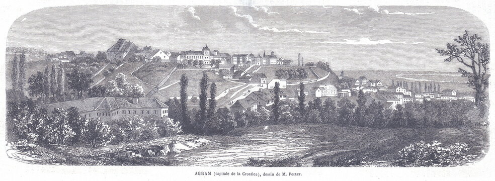 Agram, Capital of Croatia, Historic Cityscape Etching By Poiret Showcasing Rolling Hills, Old Town River View