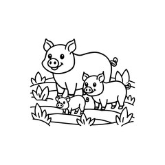 Fototapeta premium Cute cartoon mother pig with two piglets standing in a grassy field, black and white line art for coloring book.