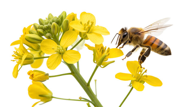 A honey bee on mustered flower isolated on transparent background