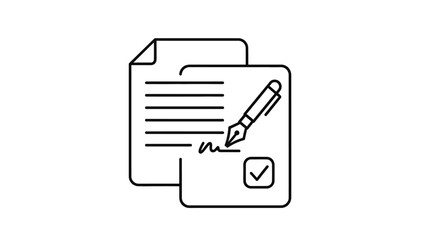 Simple black and white icon representing document signing contract approval and legal agreement completion