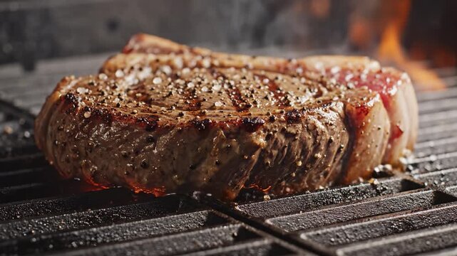 Juicy grilled ribeye steak with seared crust cracked pepper sizzling flame and smoke evokes savory crusty beef aroma as peppered steak searing on hot grill melting fat and charred crust
