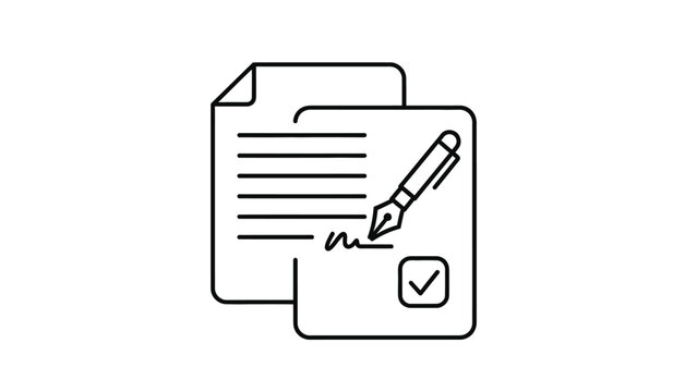 Simple black and white icon representing document signing contract approval and legal agreement completion