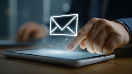 Digital mail icon appears over tablet as finger touches screen with glowing particles