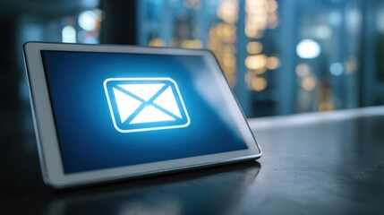 Digital tablet displaying a glowing email icon with a blurred background of city lights at night