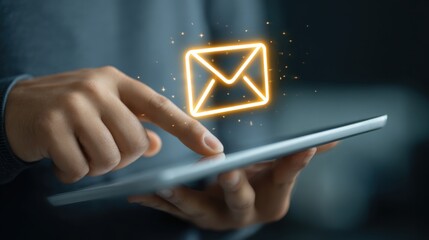 Finger touching tablet screen with glowing email icon and sparkling particles