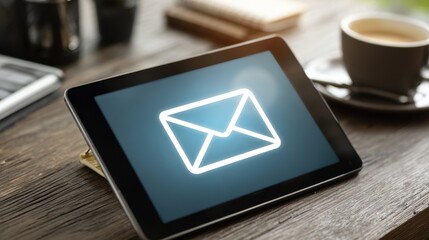 Digital tablet displaying glowing envelope icon with coffee cup and calculator on wooden table