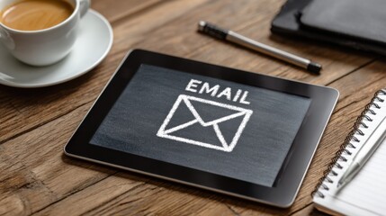 Tablet displays email icon and text with coffee pen and notebook on wooden table