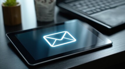Tablet displaying a glowing white email icon on a dark surface next to a laptop