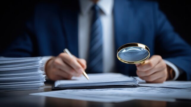 Businessman examining documents with a magnifying glass and pen stack of papers beside