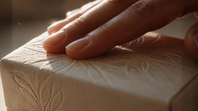 Macro close-up of hand touching embossed paper packaging, tactile sensory branding detail with soft light and shallow depth of field, premium minimal aesthetic, generative AI