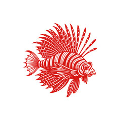 Stylized red lionfish with striped body and elaborate venomous fins swimming, depicted in a graphic illustration on a white background. © davis