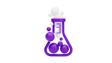 3D Science Icon: Purple Flask with Bubbles and Measurement Lines