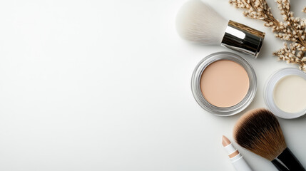 flat lay of cosmetic testers, brushes and skincare products on store counter, retail display, beauty and personal care concept, modern cosmetics store interior