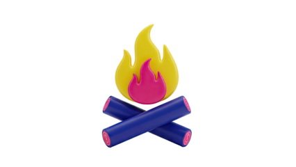 3D Campfire Icon with Bright Flames and Blue Logs