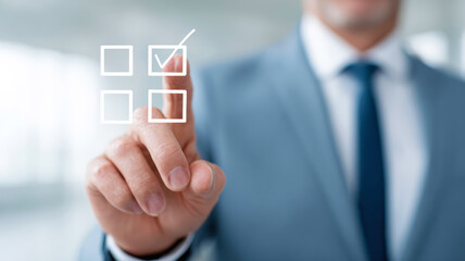 Businessman Using Transparent Digital Interface to Complete Online Form in Modern Office