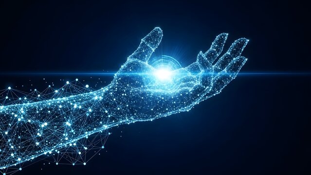 Artificial intelligence hand with digital network connections. Future technology and innovation concept. Robotic glowing arm reaching out with neural data transmission lines