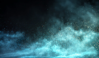 Blue dust light, particles, mist, smoke, haze, fog, stage, cinematic, lighting, sparkling particles overlay, isolated on black background for creative design projects © Mariia