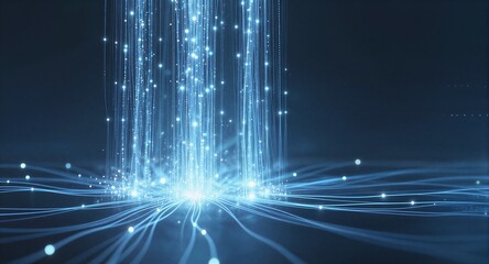 Blue light streams cascade down, illuminating futuristic digital pathways in deep space.