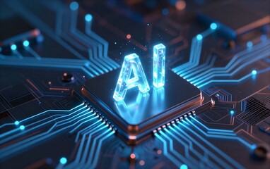 AI chip glowing on circuit board, futuristic tech design with blue neon lights and intricate pathways.