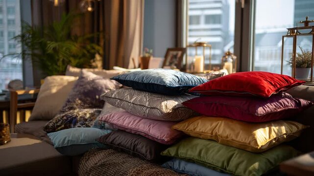 Pillow stack in cozy room with city view